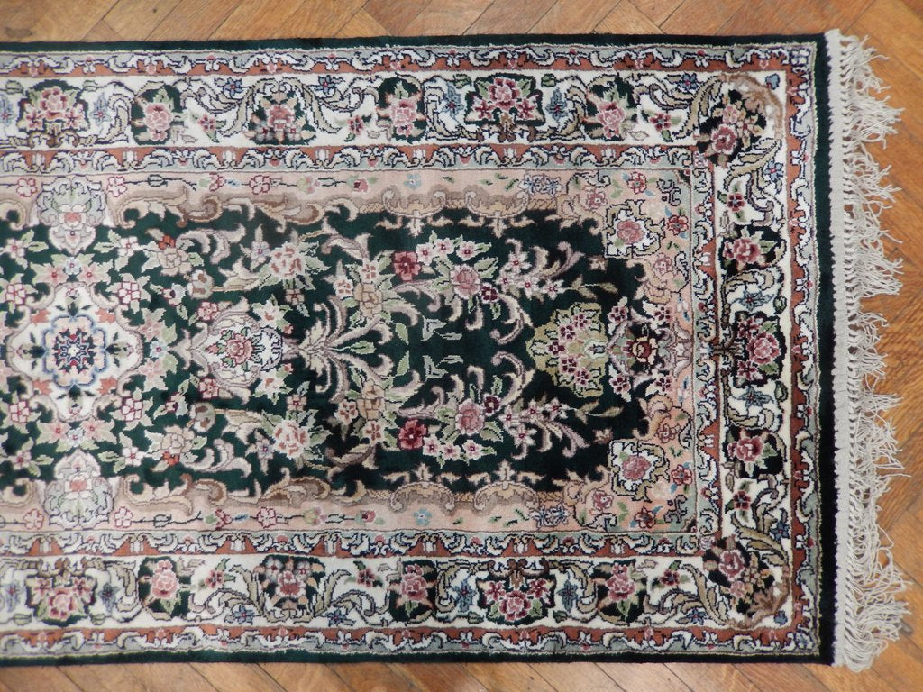 2' x 12' Green Artificial Silk Savonnerie Runner Rug 22895