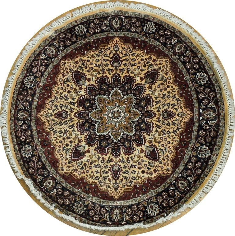 5' x 5' Ivory Indian Kashmir Silk Round Rug 20957