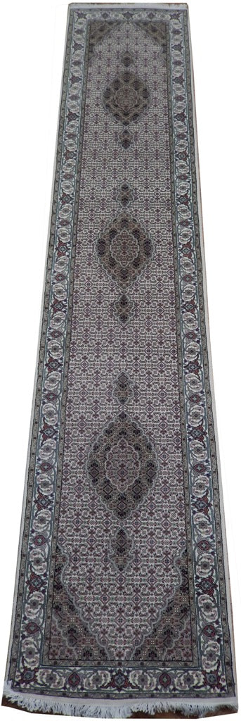 2' x 12' Ivory Wool & Silk Tabriz Mahi Runner Rug 21519