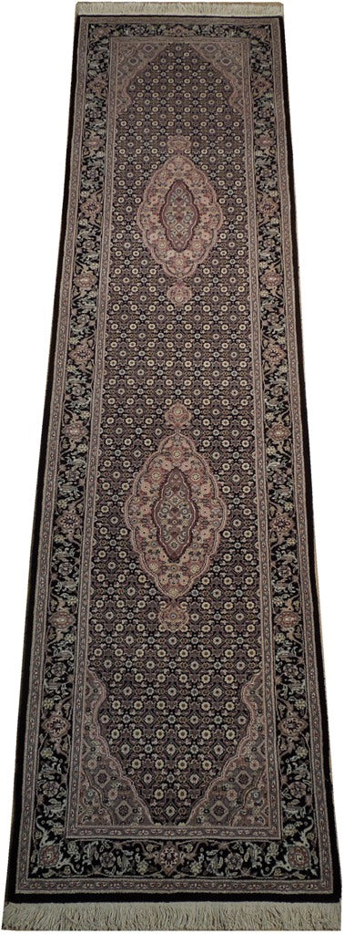 3' x 10' Black Tabriz Wool & Silk Fine Quality Runner Rug 19009