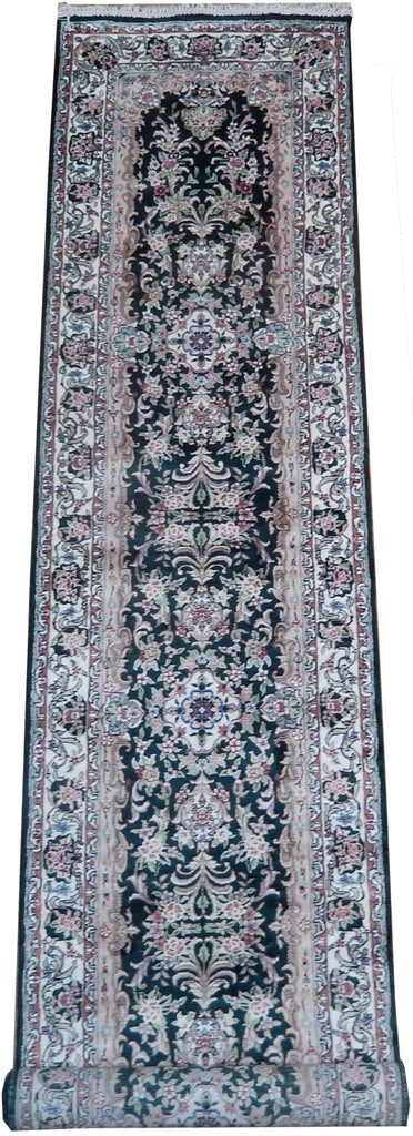 2' x 12' Green Artificial Silk Savonnerie Runner Rug 22895