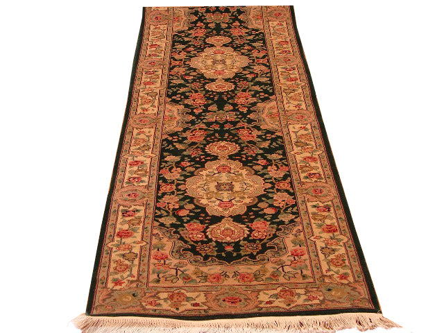 3' x 12' Green Sino Tabriz Wool&Silk Runner Rug 12832